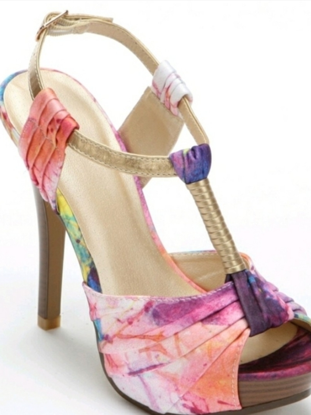 Women's Multicolor Tie-Dye T-Strap High Heel Sandal - Gold Accents